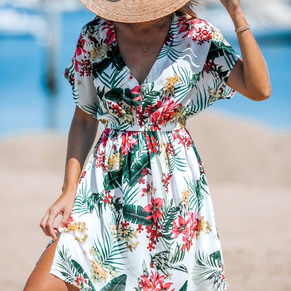 Tropical Floral V-Neck Swim Coverup